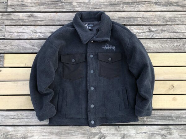 Stussy Logo Print Black-White Fleece Hoodie